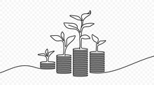 Continuous One Line Drawing Of Growing Money Vector Design. Single Line Art Illustration Money And Plant On Transparent Background