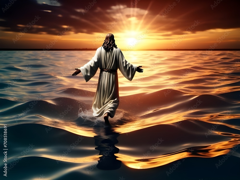 Perfect Jesus Jesus Christ raised hands and praying to god by walking on water in ...
