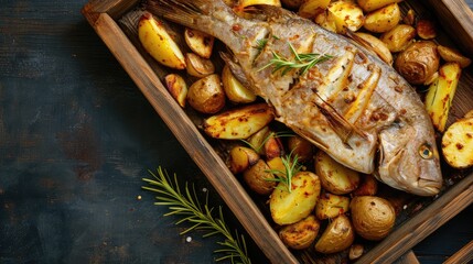 Sticker - Roasted fish and potatoes, served on wooden tray. overhead, horizontal, copy space