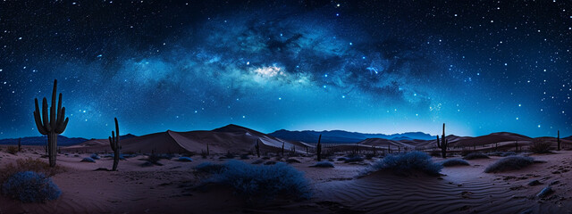 a wide landscape of desert under a starlit night sky. night landscape of desert with sky full of sta