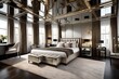 A bedroom with a mirrored ceiling, giving the illusion of spaciousness and glamour