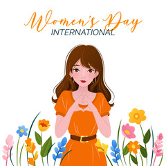 Wall Mural - International Women's Day. 8 March. Banner with young woman showing sign of heart. Spring flowers, herbs. Inspire inclusion. Modern vector design for postcard, poster, campaign, social media post. 