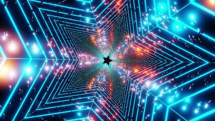 Wall Mural - Abstract, neon, endless colorful star tunnel with flying particles in space. VJ video motion background