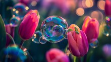 Beautiful Soap Bubbles Among Tulips, Colorful Background With Flowers In Ultraviolet Neon Colors