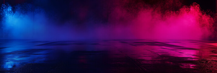 Wall Mural - Wet asphalt, reflection of neon lights, a searchlight, smoke. Smoke, smog. Dark background scene of empty street, night view, night city. Neon red and blue light.