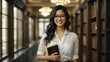 © Vascoop20 - Photo of smiling asian businesswoman holding book with library background, world women's day
