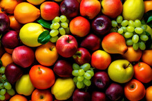 Colorful Bright Pattern Of Different Fruits, Citrus And Berries. Apples, Pears, Mangoes, Grapes And Lemons As A Beautiful Juicy Background. Generated By AI.
