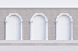 Elegant white arch with Corinthian style column decorated in a gray brick wall with empty frame for content 3d render