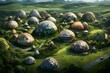 A cluster of geodesic domes nestled among lush green hills, each housing different facets of the advanced colony.