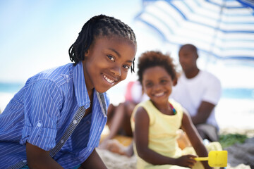 Wall Mural - Portrait, black person and child on beach with family for adventure, holiday or vacation in summer. African kid, face and smile outdoor in nature for break, experience or bonding with relationship