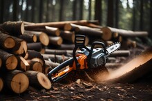 An HD Photograph Of A Well-maintained Chainsaw In Use, Cutting Through A Dense Pile Of Logs In A Forest Setting.