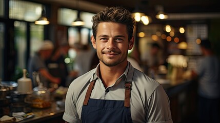 Wall Mural - portrait of waiter smiling on tablet in restaurant, cafe or coffee shop for motivation, success or goal mindset. Happy employee, worker or technology startup for growth, management or trust