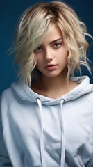 Wall Mural - portrait of a young blonde woman in a white hoodie