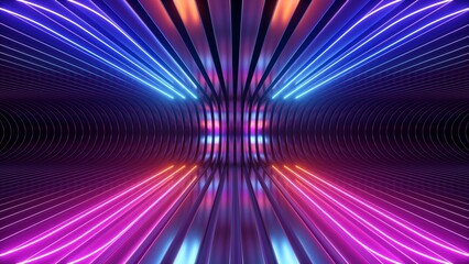 Wall Mural - 3d render. Abstract futuristic neon background. Rounded red blue lines, glowing against a backdrop of metal strips. Ultraviolet spectrum. Cyber space.