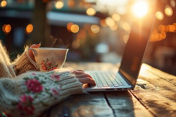 Entrepreneur hands holding aromatic teacup online work from home notebook programmer surfing browsing internet cup of green leaves tea hot steaming beverage morning comfy comfortable drinking warm