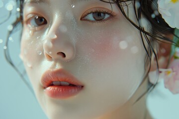 Wall Mural - Close up portrait of beautiful young Asian woman with natural makeup and water splash on her face