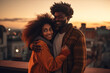 Young happy couple in love on roof of multi-storey building. Cute curly-haired african man hugs his charming mixed race girlfriend. Generated by AI.