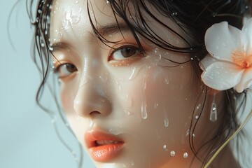 Wall Mural - Close up portrait of beautiful young Asian woman with natural makeup and water splash on her face