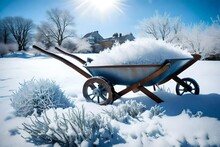 A Wooden Wheelbarrow Covered In A Layer Of Frost, Sitting In A Snow-covered Garden With Clear Skies And Delicate Snowflakes.