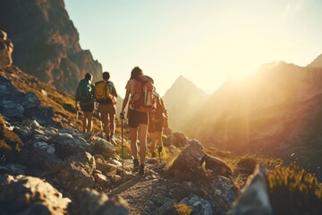 friends on hiking route traveling together fun activity mountains nature sports healthy lifestyle su
