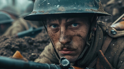 Wall Mural - World war I soldiers battling in the mud trenches - cinematic