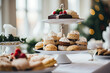 An elegant catering display with a variety of delicious desserts and snacks, including cakes and pastries.