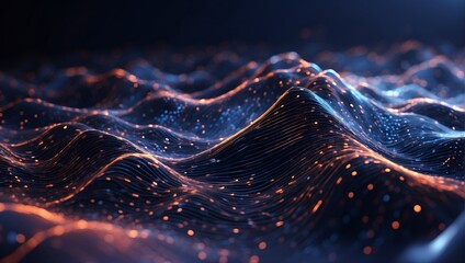 Wave of dots and weave lines. Abstract blue background for design on the topic of cyberspace, big data, metaverse, network security, data transfer on dark blue abstract cyberspace background. 