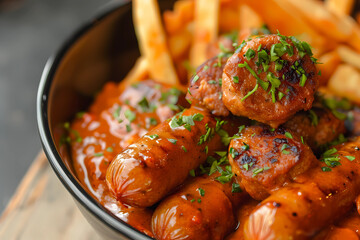 Sticker - Currywurst, a beloved German street food classic, consists of succulent pork sausage slices smothered in a rich, tangy curry ketchup sauce, creating a harmonious fusion of savory and spicy flavors