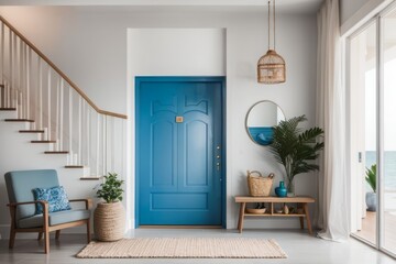 Wall Mural - Interior home design of modern entrance hall with blue door and chairs in coastal house