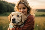 Fototapeta Zwierzęta - Niña abrazando a un perro labrador retriever en una pradera en el campo