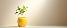 A Soft Yellow Background Highlights A Yellow Vase With A Potted Plant.