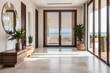 © Basileus - Interior home design of modern entrance hall with louvered doors and chairs in a coastal home