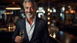 business mature man holding a glass of champagne wine and smiling while standing at the bar with beautiful bokeh light created with Generative AI Technology