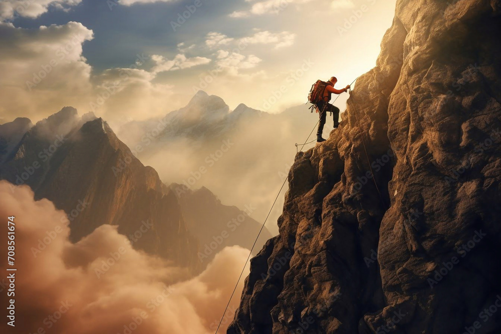 climber-man-climbing-a-large-mountain-at-sunset-the-concept-of