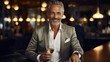 business mature man holding a glass of champagne wine and smiling while standing at the bar with beautiful bokeh light created with Generative AI Technology