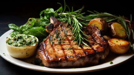 Herb marinated grilled pork chops steak with sliced French fries and vegetables served on a plate