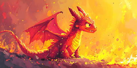 Angry funny red dragon on the fiery background. Edited AI illustration.	