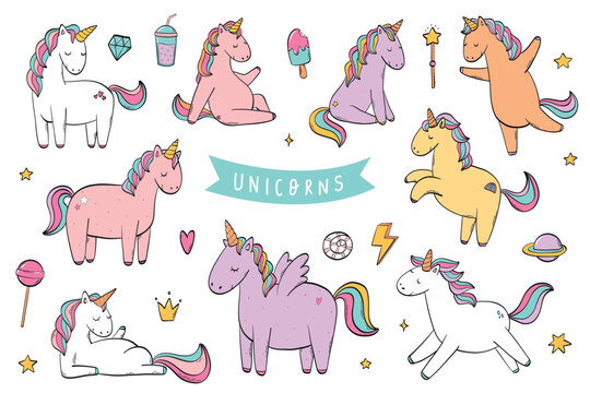 Unicorns collection, clip art, cartoon elements for stickers, prints, cards, nursery decor, kids apparel, sublimation. Unicorn and party doodles. EPS 10