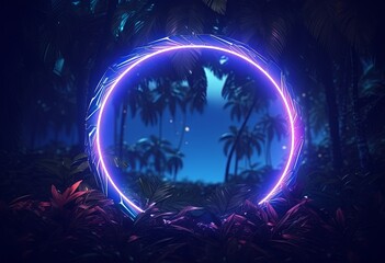 Wall Mural - neon frame in an environment of tropical leaves with a glowing neon frame, in the style of dark sky-blue and sky-blue, circular shapes, animated gifs, naturecore, mystical realms.