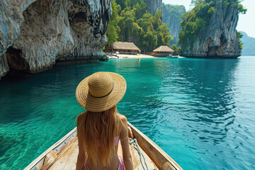 White blonde tanned woman on boat green sea water in the bay of thailand phuket 