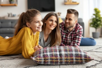 Happy family spending time together lying on floor carpet playing with kid son daughter family love care happiness joy smiling parents lifestyle relaxation home cute toddler mom young cheerful person