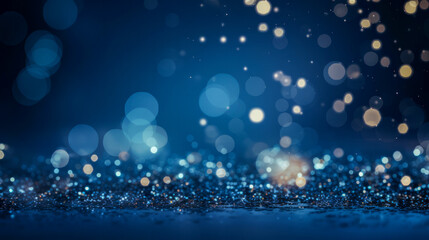 Wall Mural - Beautiful soft bokeh lights and shiny golden elements on dark blue background