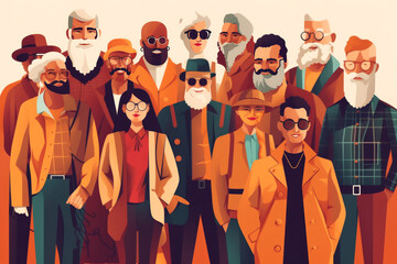 Wall Mural - A crowd of  young and elderly men and women. Graphic multicolored pattern