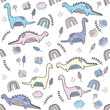 Seamless pattern with cute dinosaurs for children textile, fabric, baby shower, wallpaper, T-Shirts print, vector hand-draw in Scandinavian style, Doodle funny design.