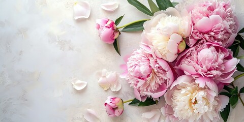 Wall Mural - Bouquet of delicate flowers, peonies on a light background 