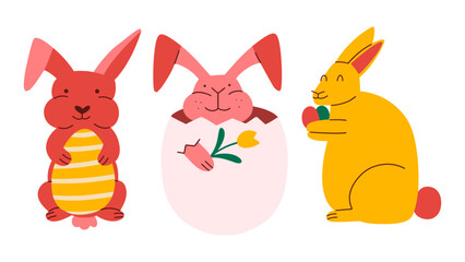 Wall Mural - Happy different Easter Bunny rabbits.  Easter set with animals. Vector illustration in flat style.