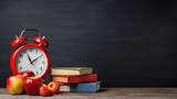 Fototapeta Tematy - Alarm clock, school supplies and fresh red apple against blackboard background. Back to school or education concept