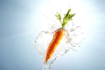 Fresh juicy carrots with tops in drops and falling splashes of clean water