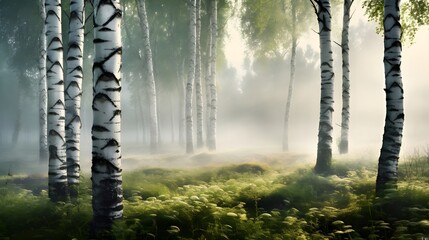 Beautiful nature landscape with birch trees grove in the morning fog.