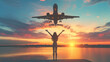  岸壁に立っている女の子が腕を上げて旅客機に飛び乗る夏の風景GenerativeAI